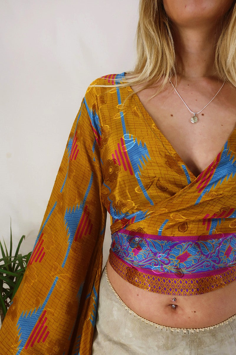 Venus Wrap Top - Amber, Blue & Magenta - Vintage Sari - Size XS by All About Audrey