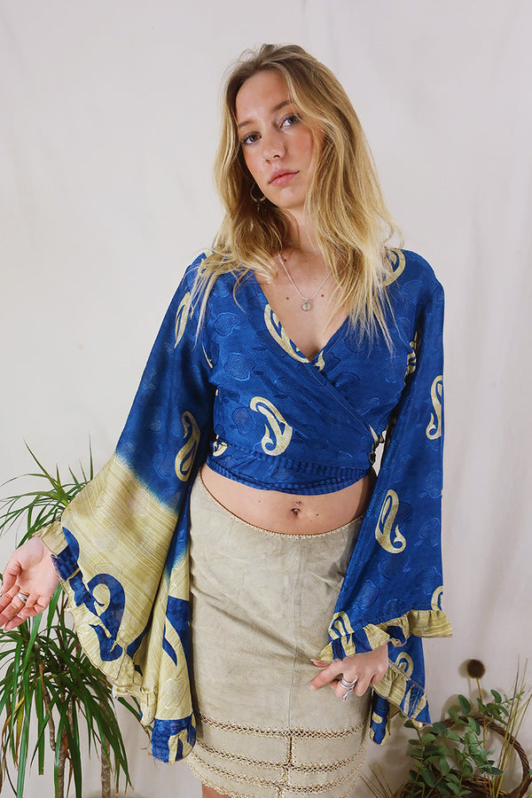 Venus Wrap Top - Sheer Deep Blue & Beige - Vintage Sari - Size S/M by All About Audrey