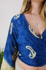 Venus Wrap Top - Sheer Deep Blue & Beige - Vintage Sari - Size S/M by All About Audrey