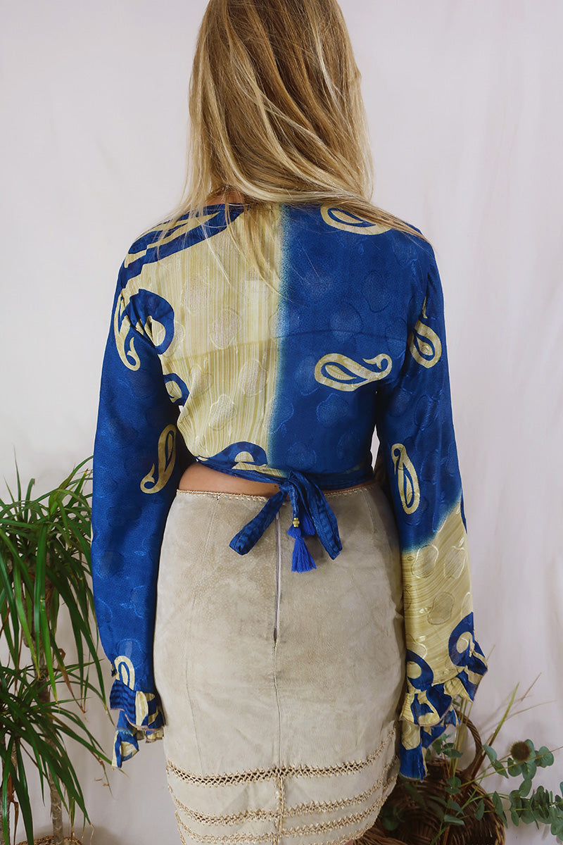 Venus Wrap Top - Sheer Deep Blue & Beige - Vintage Sari - Size S/M by All About Audrey