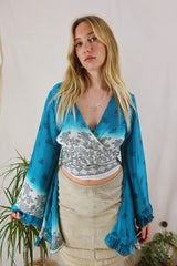 Venus Wrap Top - Deep Teal & Snow - Vintage Sari - Size M/L by All About Audrey