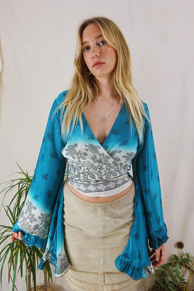 Venus Wrap Top - Deep Teal & Snow - Vintage Sari - Size M/L by All About Audrey