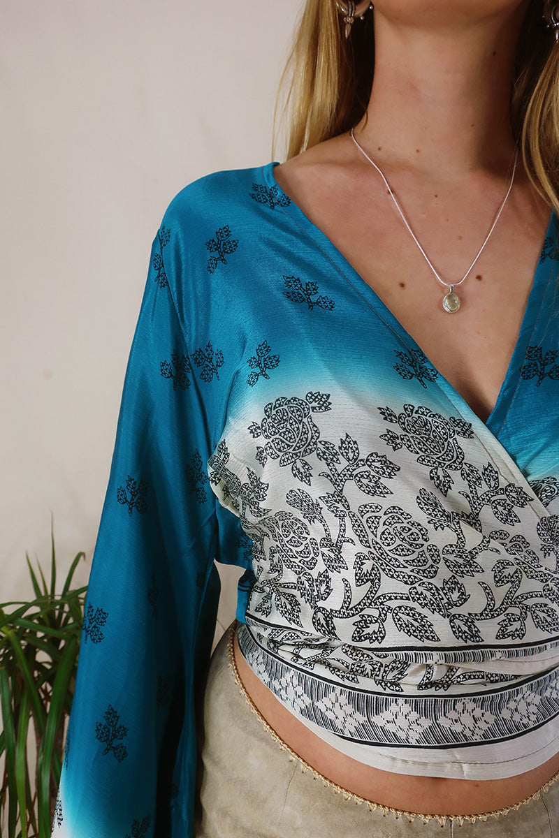 Venus Wrap Top - Deep Teal & Snow - Vintage Sari - Size M/L by All About Audrey