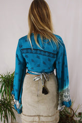 Venus Wrap Top - Deep Teal & Snow - Vintage Sari - Size M/L by All About Audrey