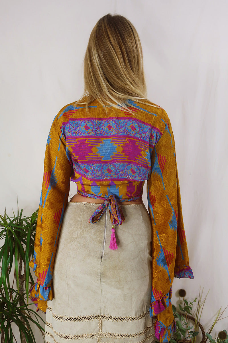Venus Wrap Top - Amber, Blue & Magenta - Vintage Sari - Size XS by All About Audrey