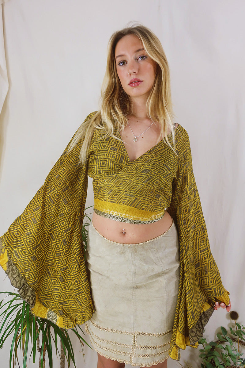 Venus Wrap Top - Sunflower & Walnut Geometric - Vintage Sari - Size XS by All About Audrey