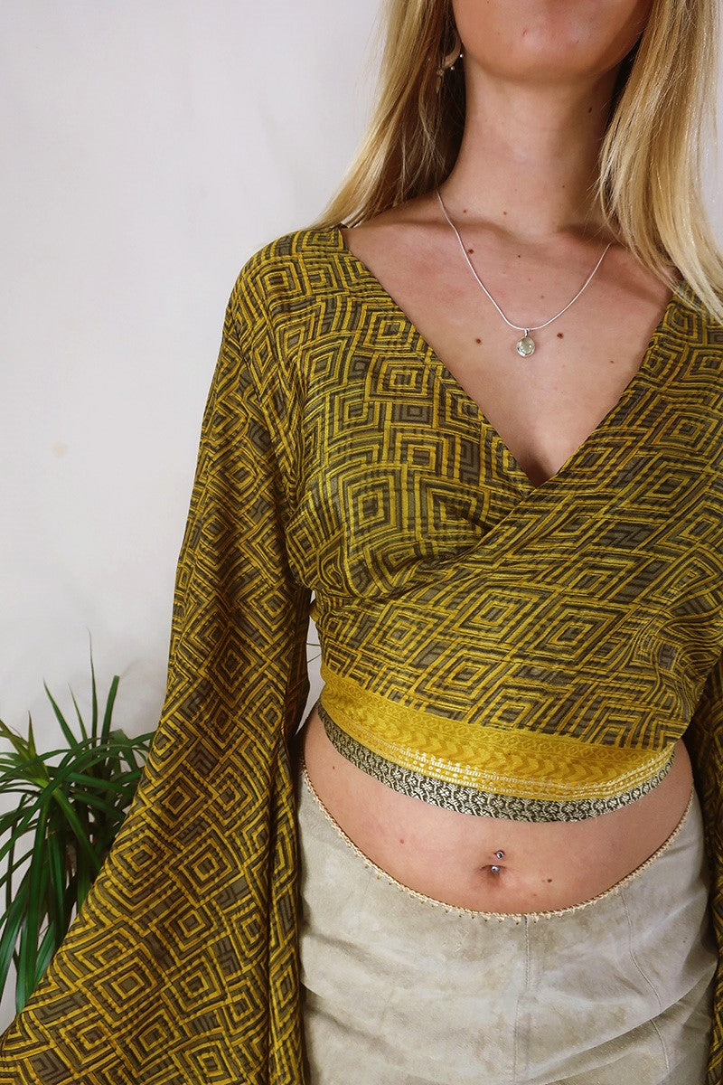 Venus Wrap Top - Sunflower & Walnut Geometric - Vintage Sari - Size XS by All About Audrey