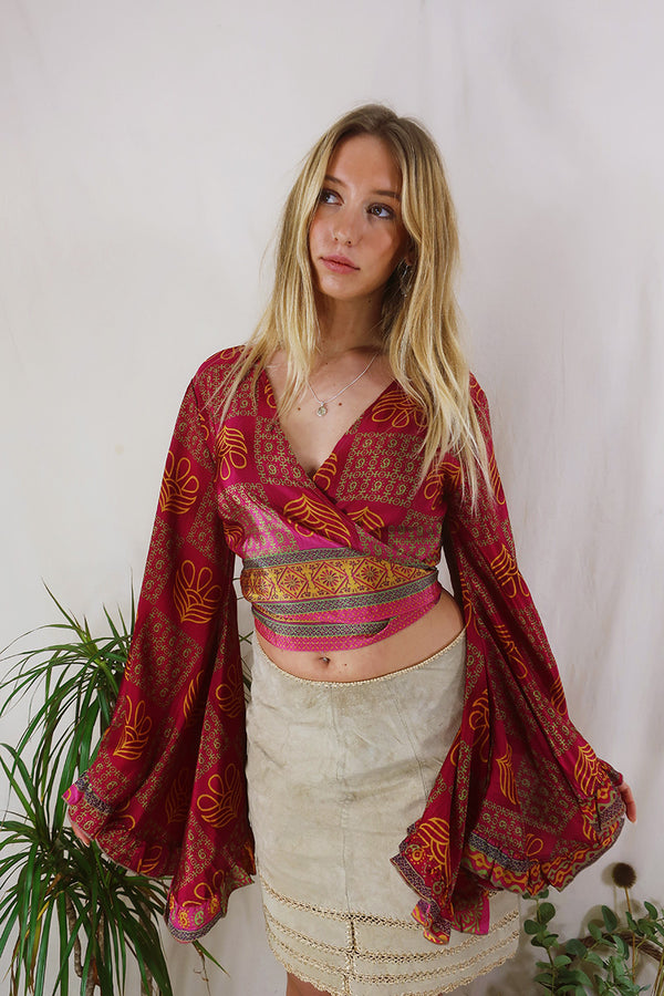 Venus Wrap Top - Bohemian Raspberry - Vintage Sari - Size M/L by All About Audrey
