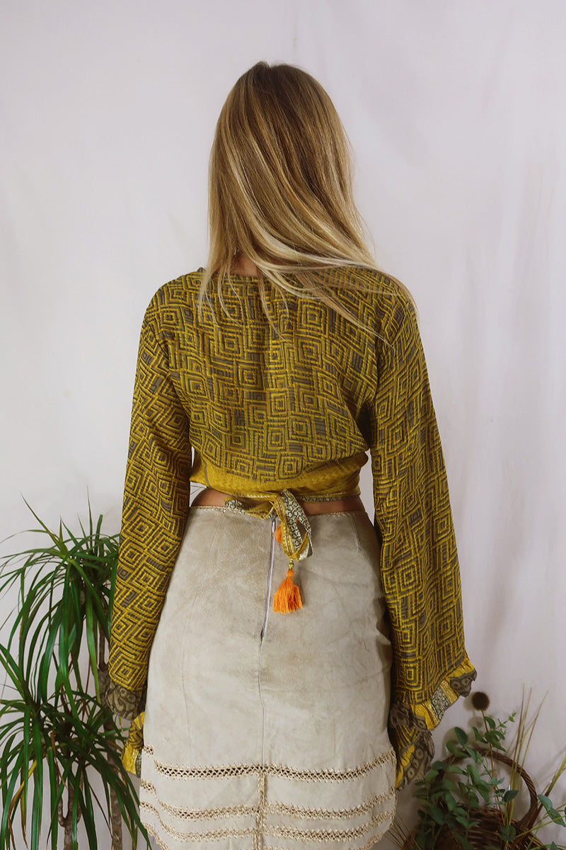 Venus Wrap Top - Sunflower & Walnut Geometric - Vintage Sari - Size XS by All About Audrey