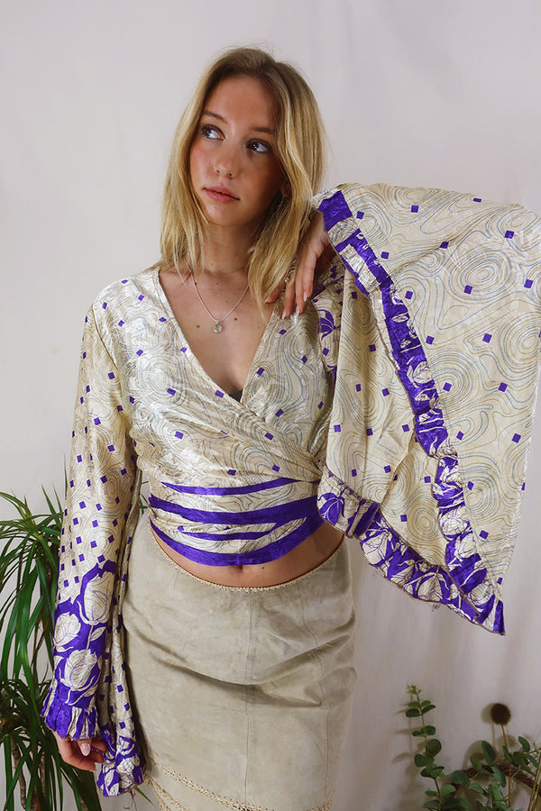 Venus Wrap Top - White Gold & Orchid - Vintage Sari - Size M/L by All About Audrey