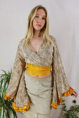 Venus Wrap Top - Wheat & Sunshine Paisley - Vintage Sari - Size M/L by All About Audrey