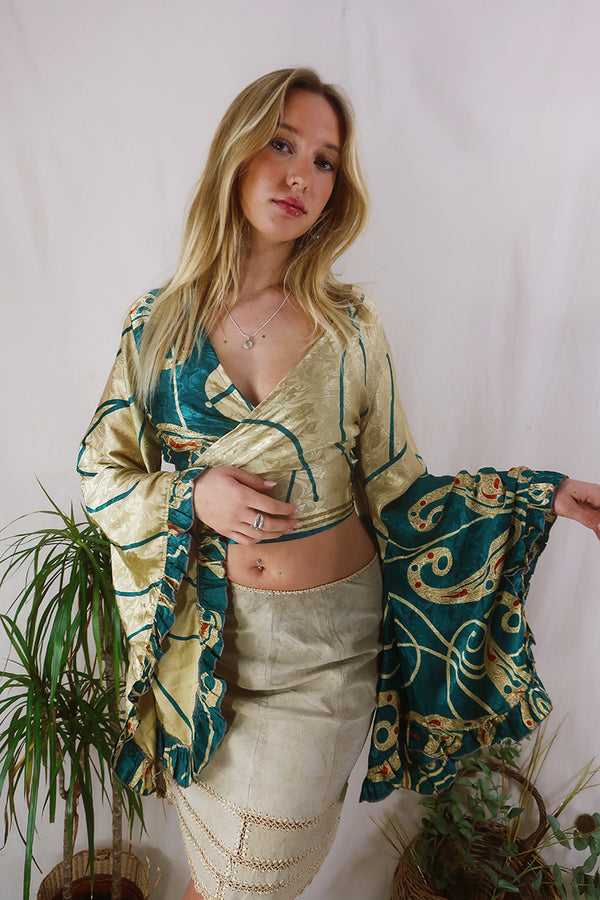 Venus Wrap Top - Gold & Rich Teal - Vintage Sari - Size XS by All About Audrey