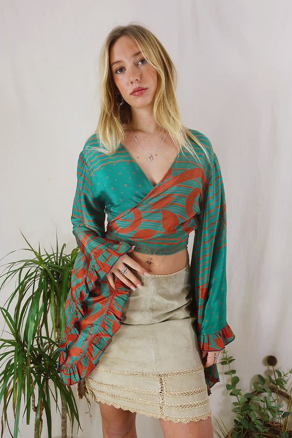 Venus Wrap Top - Jade & Terracotta  - Vintage Sari - Size S/M by All About Audrey