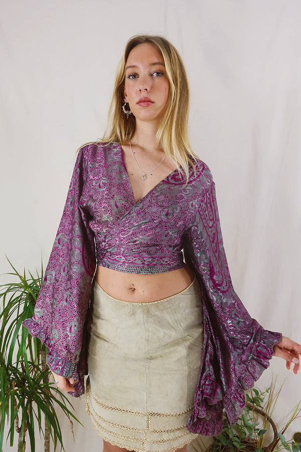 Venus Wrap Top - Midnight Meadow & Magenta Shimmer - Vintage Sari - L/XL by all about audrey