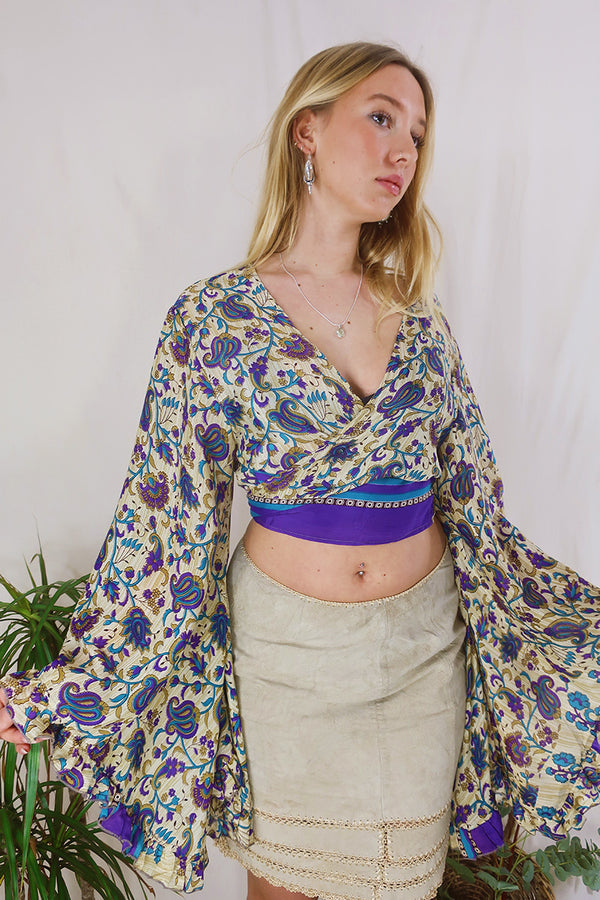 Venus Wrap Top - Precious Amethyst & Sapphire Paisley Bloom - Vintage Sari - L/XL by all about audrey