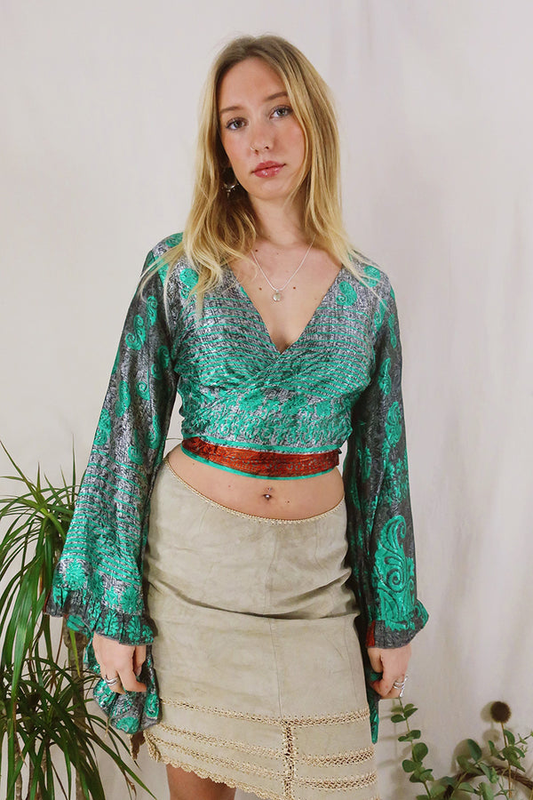 Venus Wrap Top - Pewter & Jade - Vintage Sari - Size XS by All About Audrey