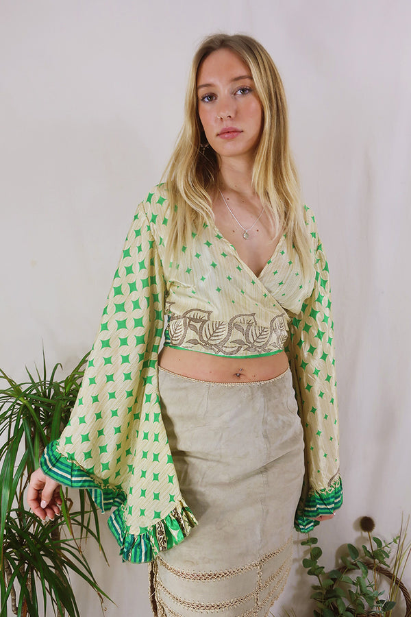 Venus Wrap Top - Green & Gold Harlequin - Vintage Sari - Size S/M by All About Audrey