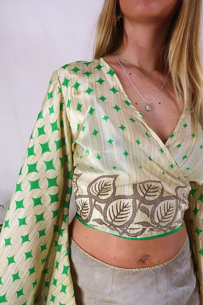 Venus Wrap Top - Green & Gold Harlequin - Vintage Sari - Size S/M by All About Audrey