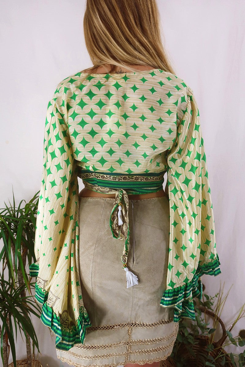 Venus Wrap Top - Green & Gold Harlequin - Vintage Sari - Size S/M by All About Audrey