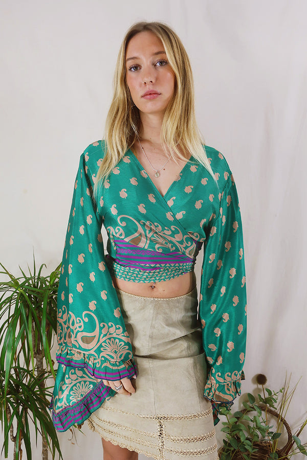Venus Wrap Top - Jade Wheat Magenta - Vintage Sari - Size M/L by All About Audrey