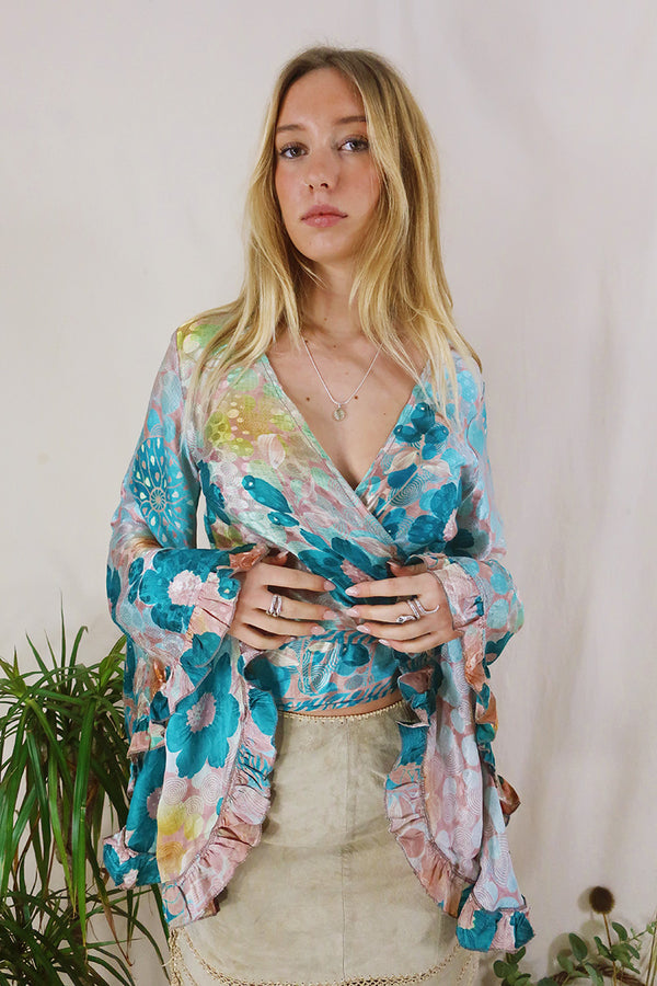Venus Wrap Top - Teal & Rosewood Floral - Vintage Sari - Size S/M by All About Audrey