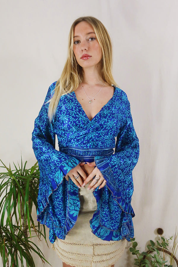 Venus Wrap Top - Royal & Sea Blue Floral - Vintage Sari - Size XS by All About Audrey