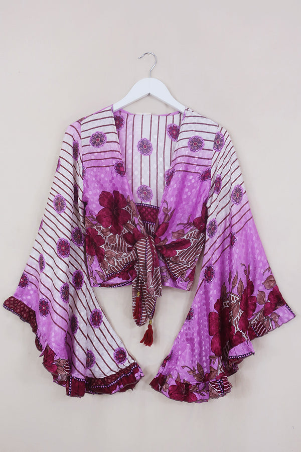 Venus Wrap Top - Ivory Mauve & Maroon Floral - Vintage Sari - Size S/M by All About Audrey