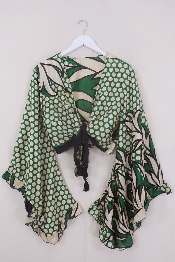 Venus Wrap Top - Basil & Almond Spotty - Vintage Sari - Size S/M by All About Audrey