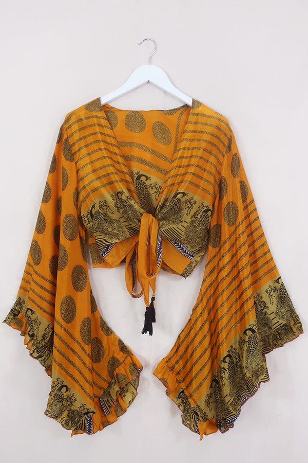 Venus Wrap Top - Saffron & Gold Peacock - Vintage Sari - Size S/M by All About Audrey