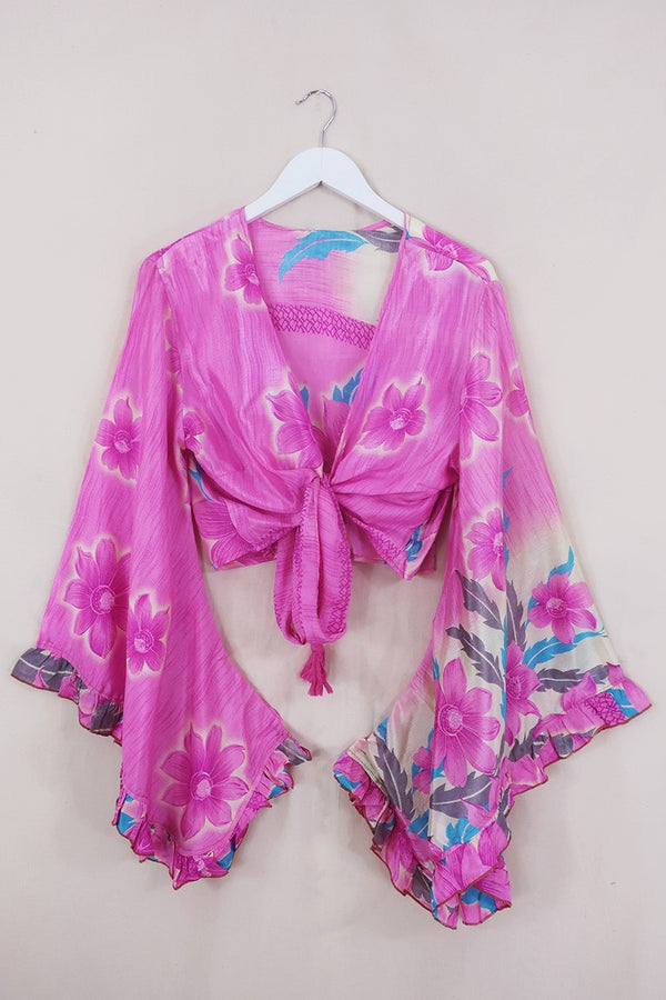 Venus Wrap Top - Hydrangea Pink Floral - Vintage Sari - Size M/L by All About Audrey
