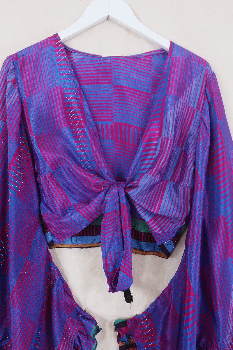Venus Wrap Top - Pink & Blue Graphic - Vintage Sari - Size S/M by All About Audrey