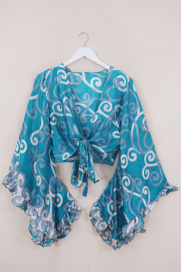 Venus Wrap Top - Turquoise White & Grey - Vintage Sari - Size S/M by All About Audrey