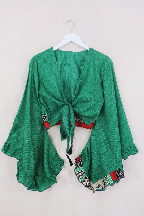 Venus Wrap Top - Evergreen Tile Motif - Vintage Sari - Size S/M by All About Audrey