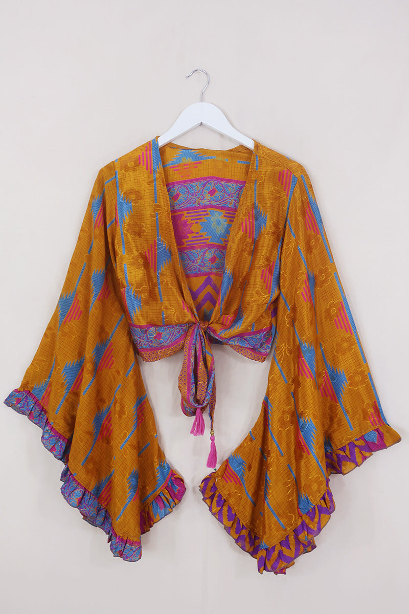 Venus Wrap Top - Amber, Blue & Magenta - Vintage Sari - Size XS by All About Audrey