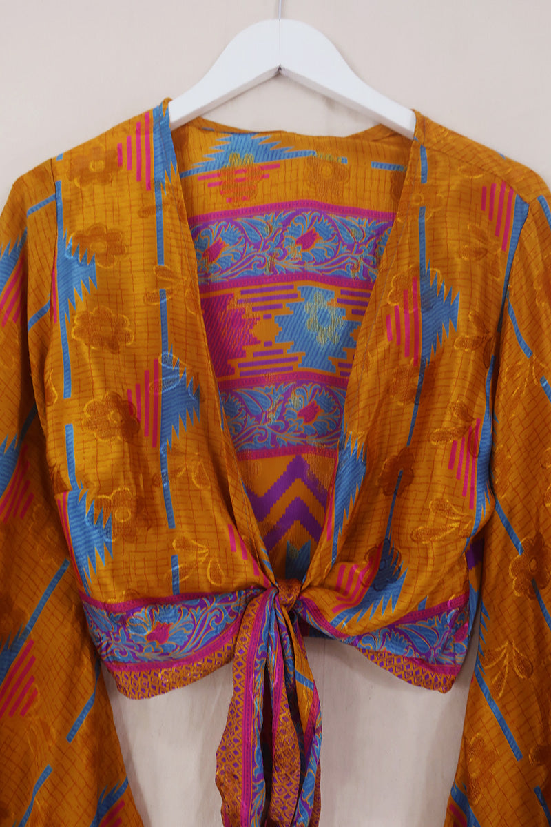 Venus Wrap Top - Amber, Blue & Magenta - Vintage Sari - Size XS by All About Audrey