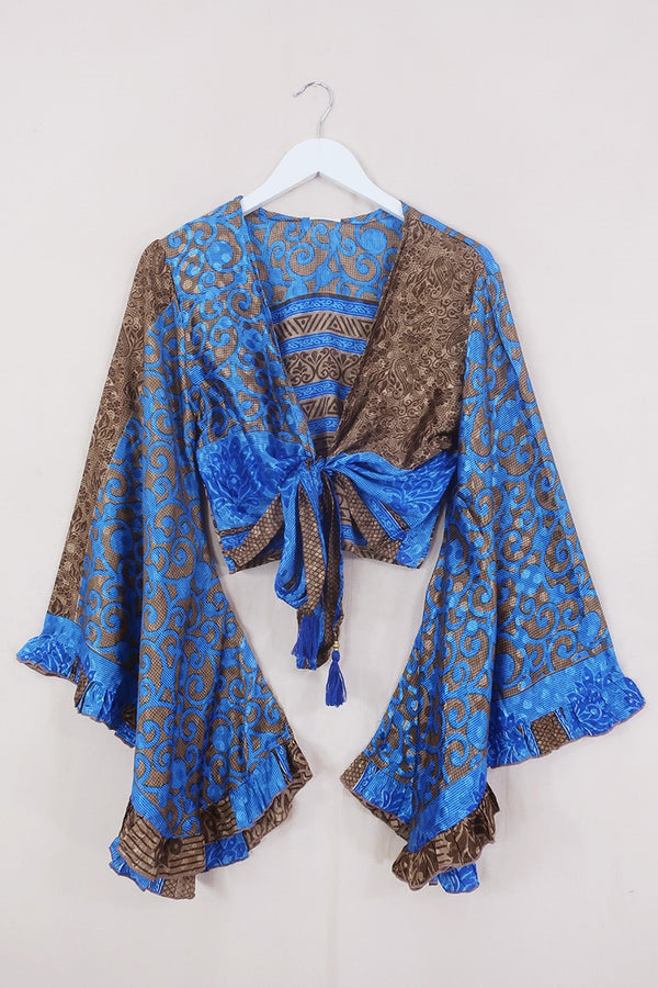 Venus Wrap Top - Sea Blue & Pecan Shimmer - Vintage Sari - Size M/L by All About Audrey