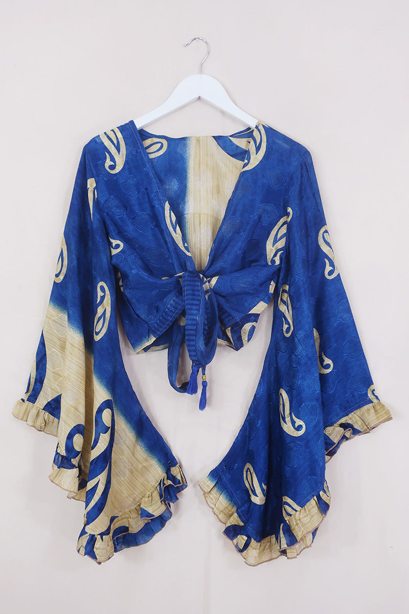 Venus Wrap Top - Sheer Deep Blue & Beige - Vintage Sari - Size S/M by All About Audrey