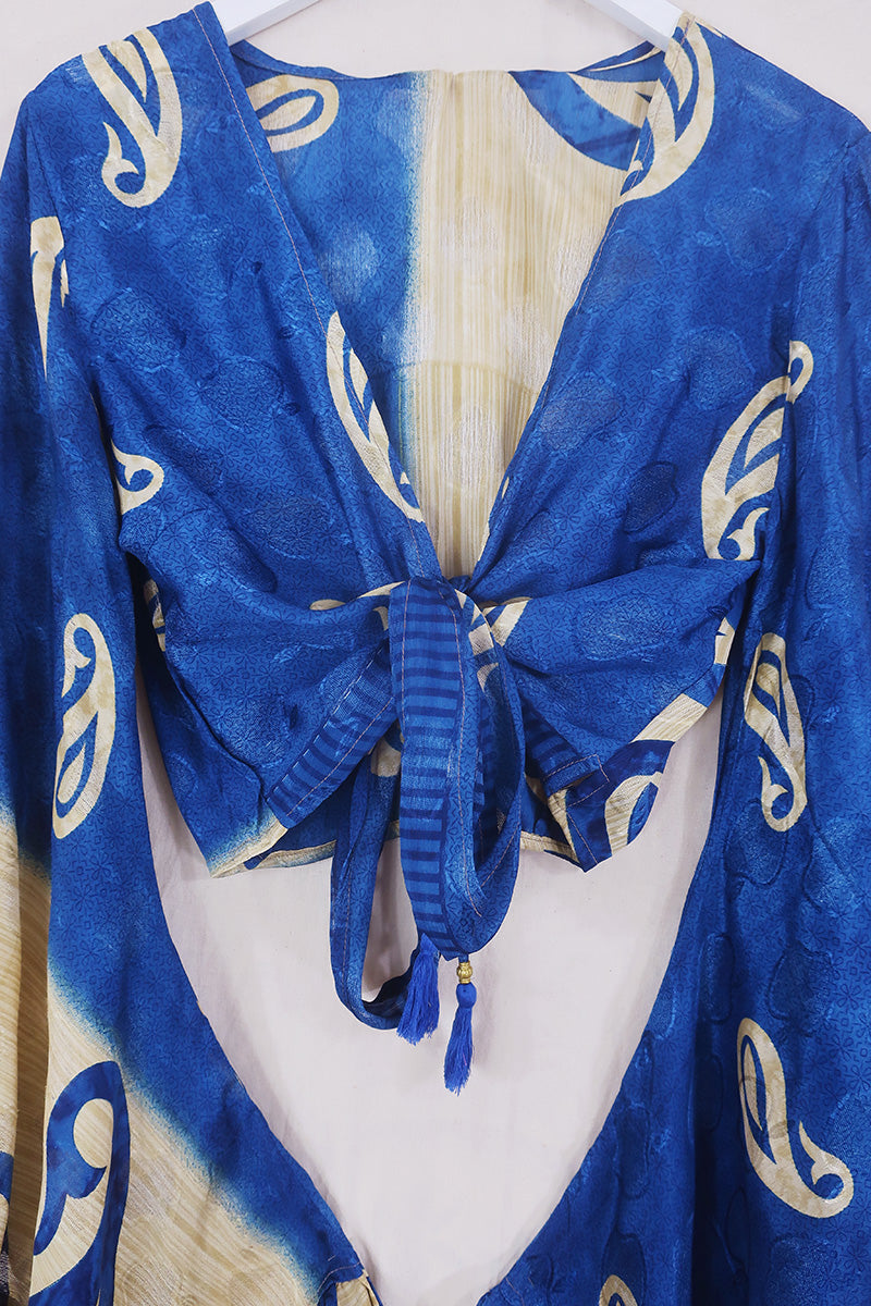 Venus Wrap Top - Sheer Deep Blue & Beige - Vintage Sari - Size S/M by All About Audrey