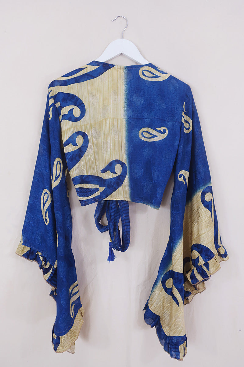 Venus Wrap Top - Sheer Deep Blue & Beige - Vintage Sari - Size S/M by All About Audrey