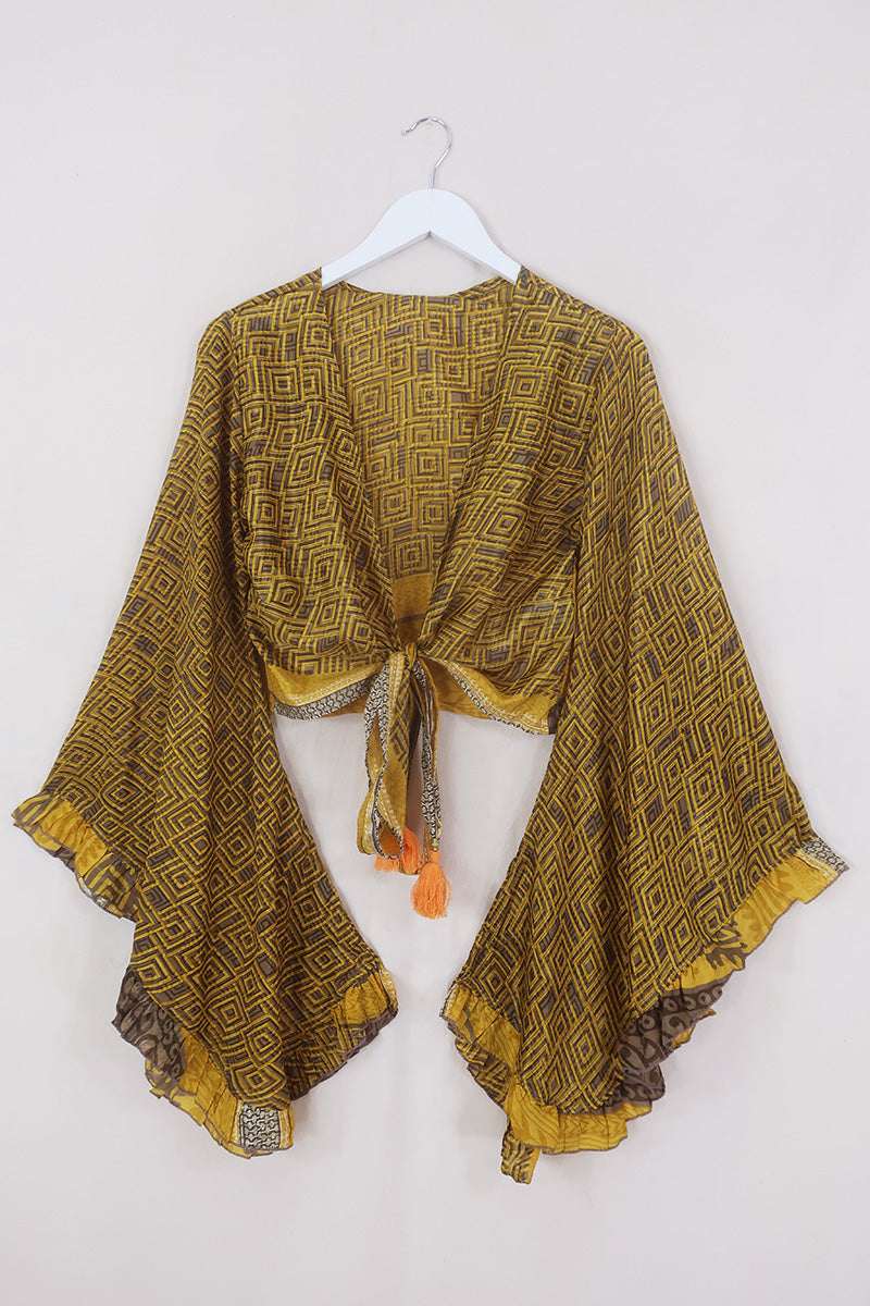 Venus Wrap Top - Sunflower & Walnut Geometric - Vintage Sari - Size XS by All About Audrey