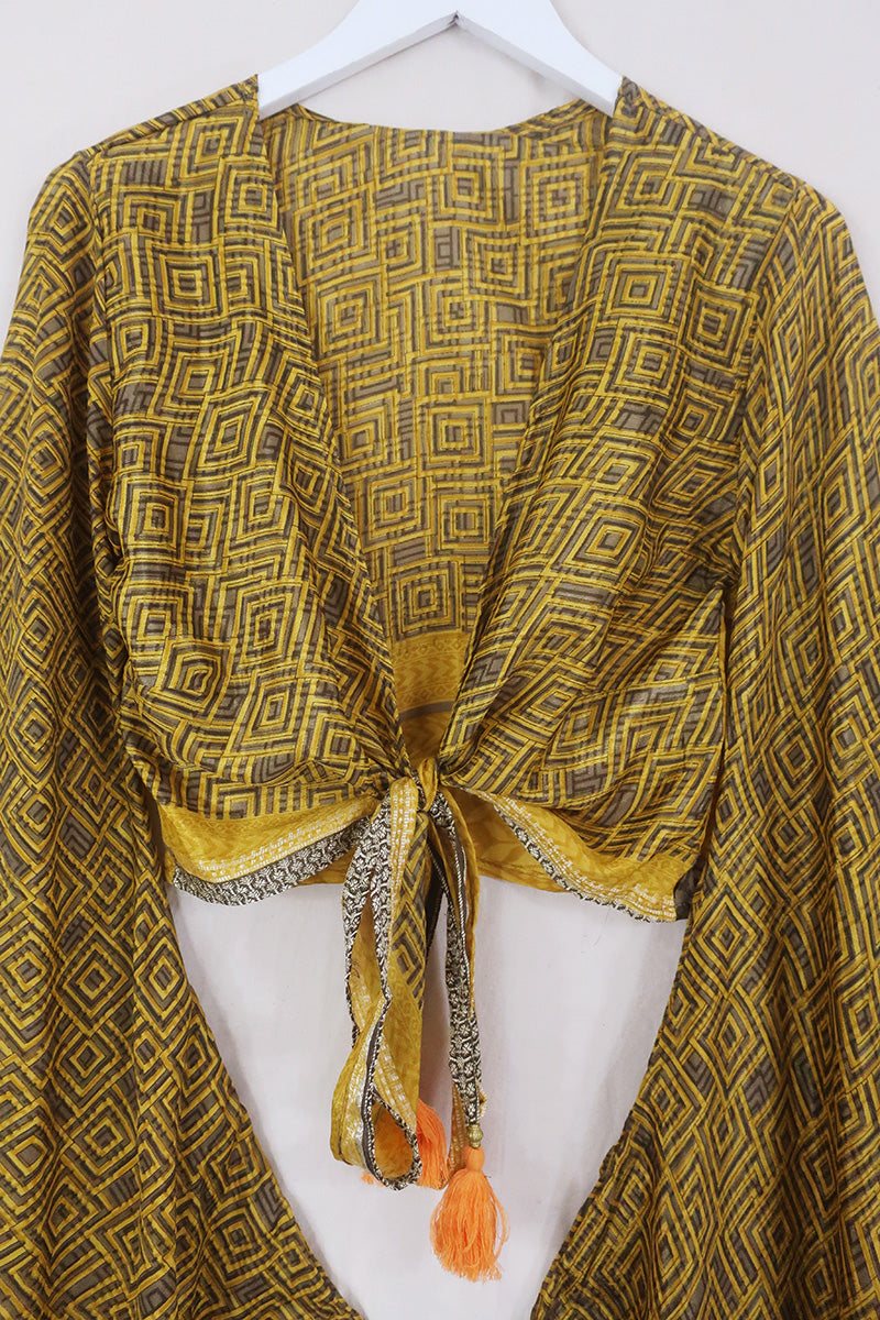Venus Wrap Top - Sunflower & Walnut Geometric - Vintage Sari - Size XS by All About Audrey