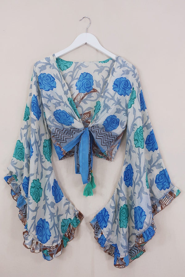 Venus Wrap Top - Coconut & Cornflower Floral - Vintage Sari - Size M/L by All About Audrey