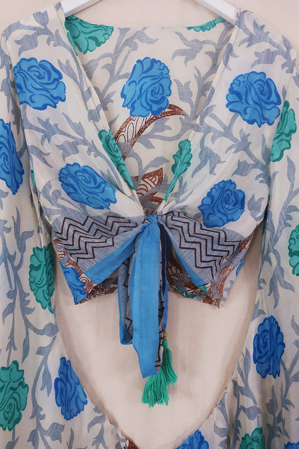 Venus Wrap Top - Coconut & Cornflower Floral - Vintage Sari - Size M/L by All About Audrey