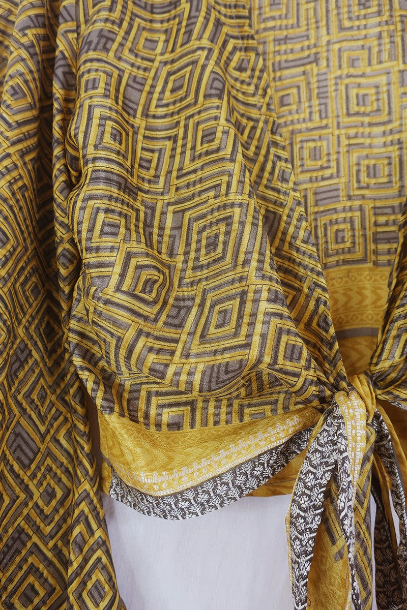 Venus Wrap Top - Sunflower & Walnut Geometric - Vintage Sari - Size XS by All About Audrey