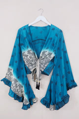 Venus Wrap Top - Deep Teal & Snow - Vintage Sari - Size M/L by All About Audrey
