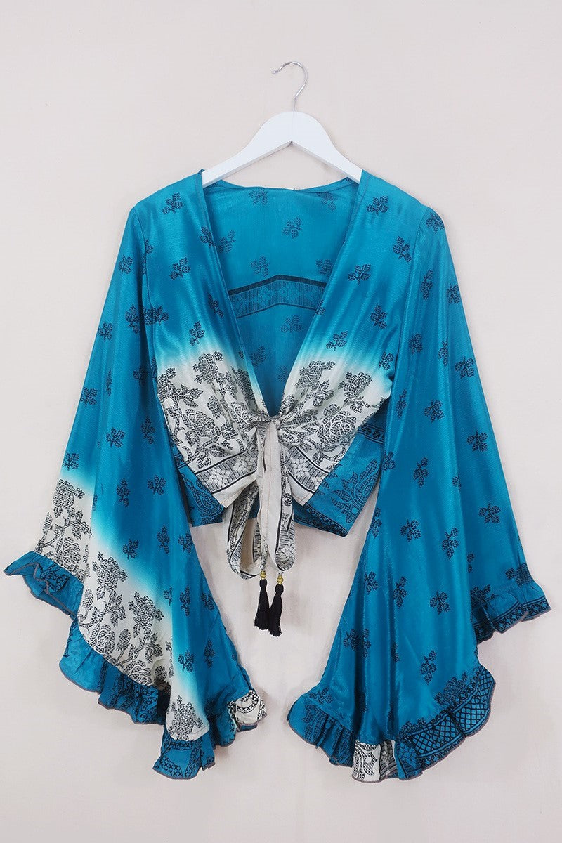 Venus Wrap Top - Deep Teal & Snow - Vintage Sari - Size M/L by All About Audrey
