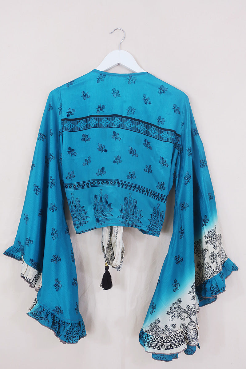 Venus Wrap Top - Deep Teal & Snow - Vintage Sari - Size M/L by All About Audrey