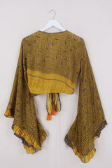 Venus Wrap Top - Sunflower & Walnut Geometric - Vintage Sari - Size XS by All About Audrey
