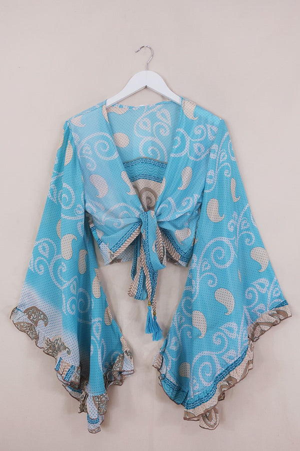 SALE Venus Wrap Top - Sky Blue Paisley Clouds - Vintage Sari - Size M/L TEMPLATE by all about audrey