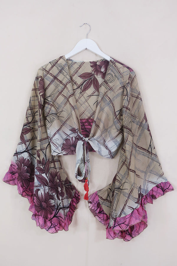 Venus Wrap Top - Biscotti & Pastel Magenta Floral - Vintage Sari - Size S/M by All About Audrey
